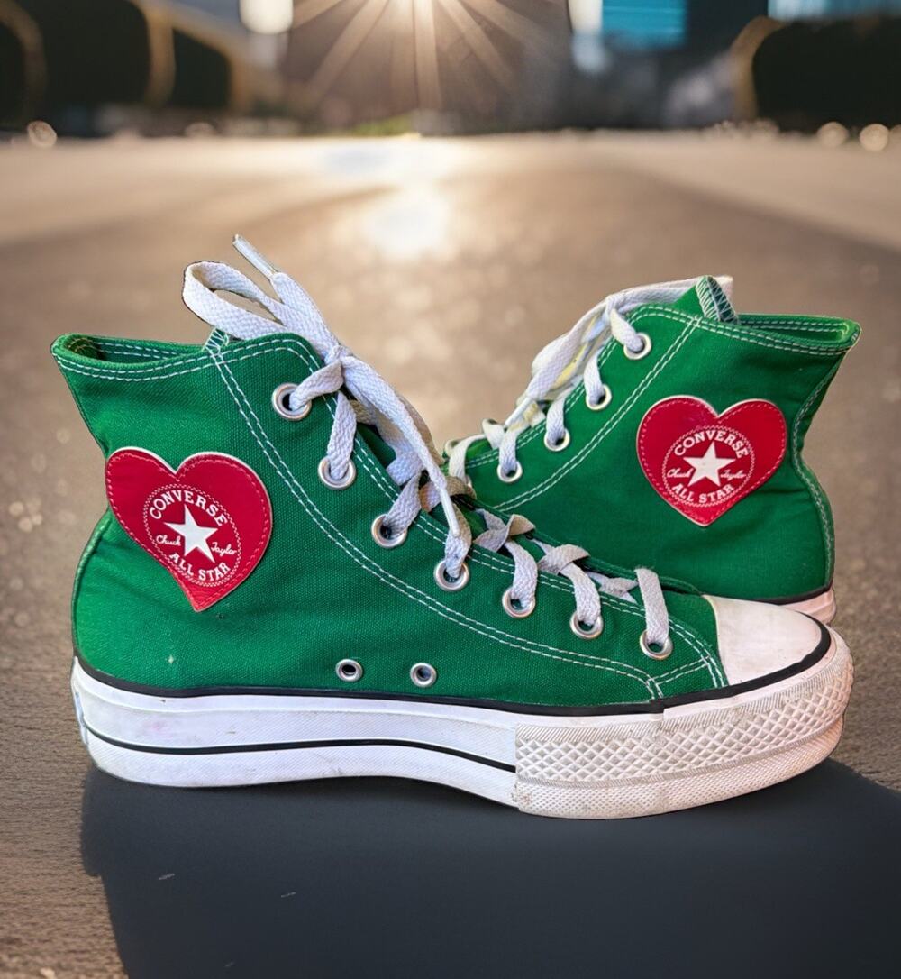 Converse Chuck Taylor All Star Lift Platform High Top Womens 8.5 Green Red Heart